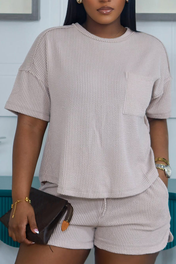 Casual Round Neck Textured Knit Top & Shorts Set