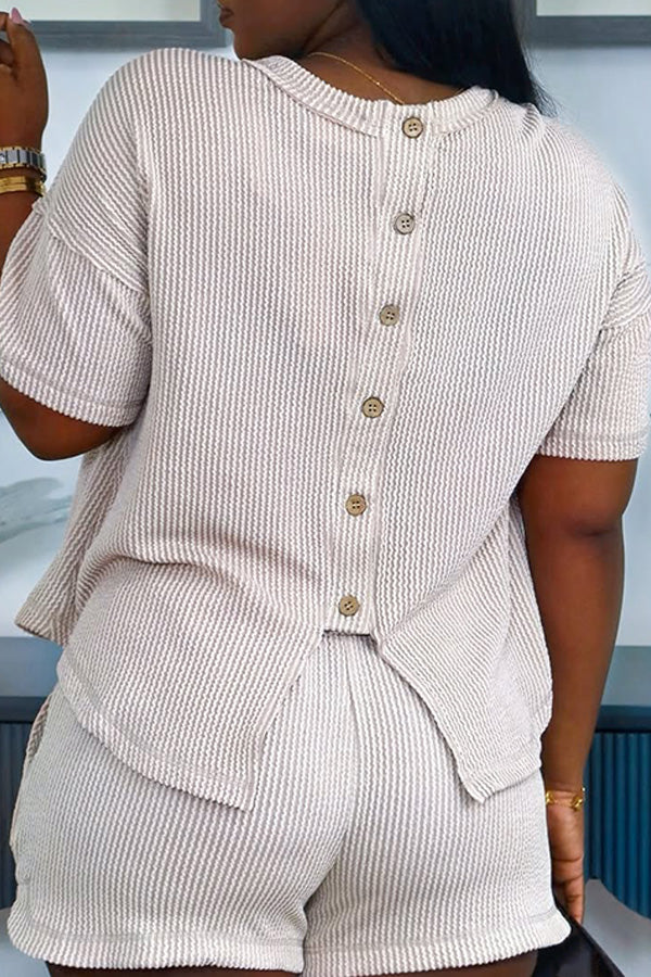 Casual Round Neck Textured Knit Top & Shorts Set
