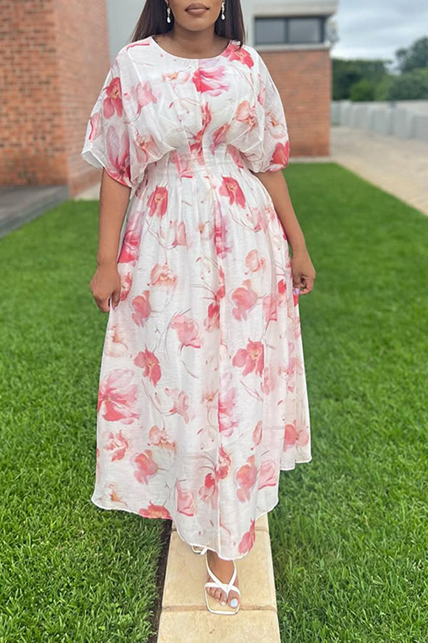 Elegant Batwing Sleeve Floral Print Mesh Maxi Dress
