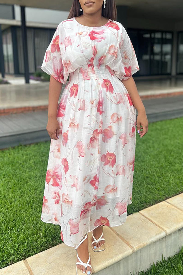Elegant Batwing Sleeve Floral Print Mesh Maxi Dress