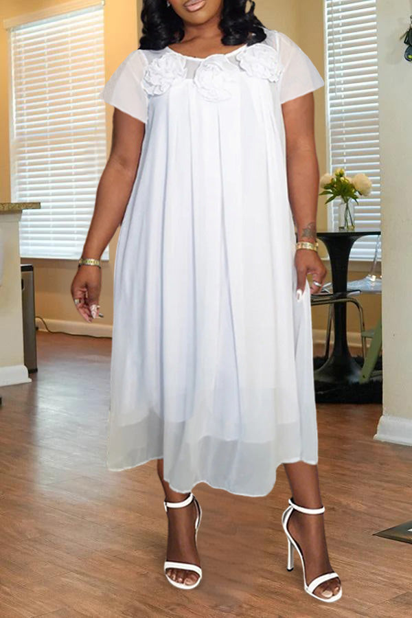 Elegant 3D Flowers Ruched Mesh Midi Dress