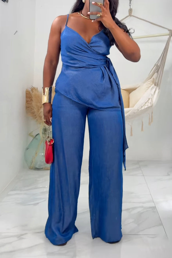Chic Side Ruched Denim Vest &  Jeans Set