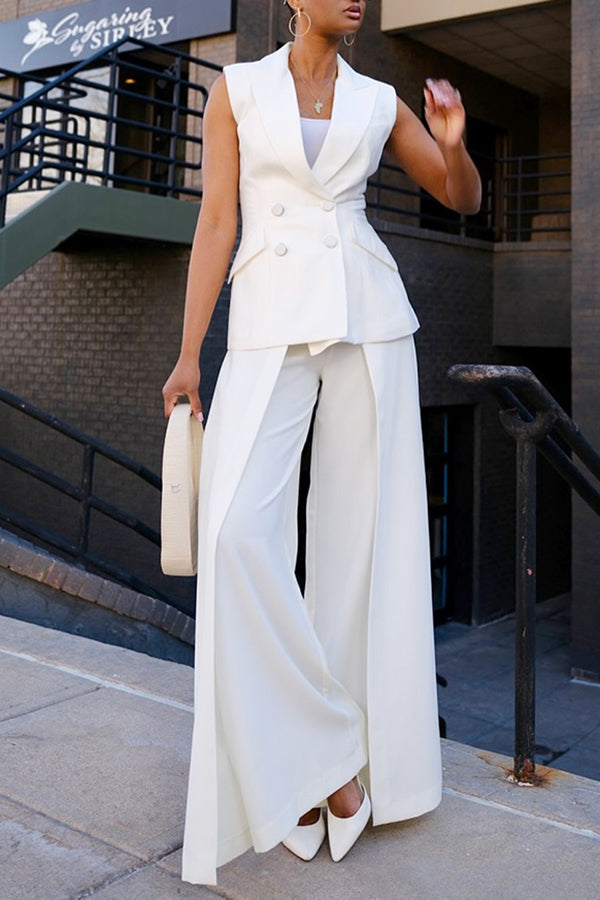 Stylish Peak Collar Gilet & Wide Leg Pants Set