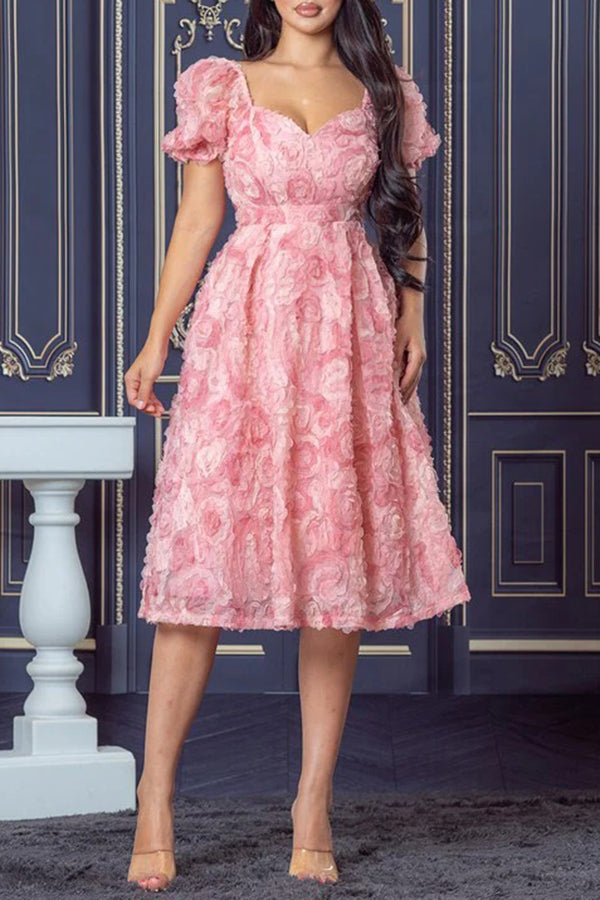 Elegant Sweetheart Collar Flowers Midi Dress