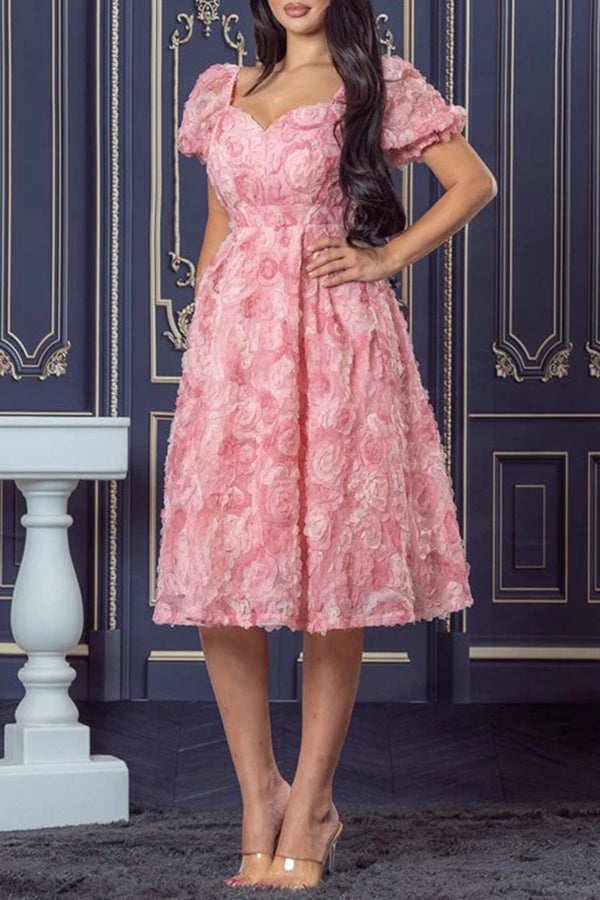 Elegant Sweetheart Collar Flowers Midi Dress