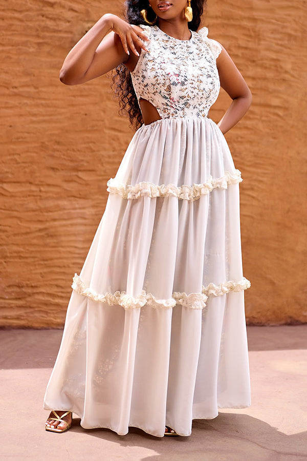 Elegant Lace Splicing Ruffle Hem Maxi Dress