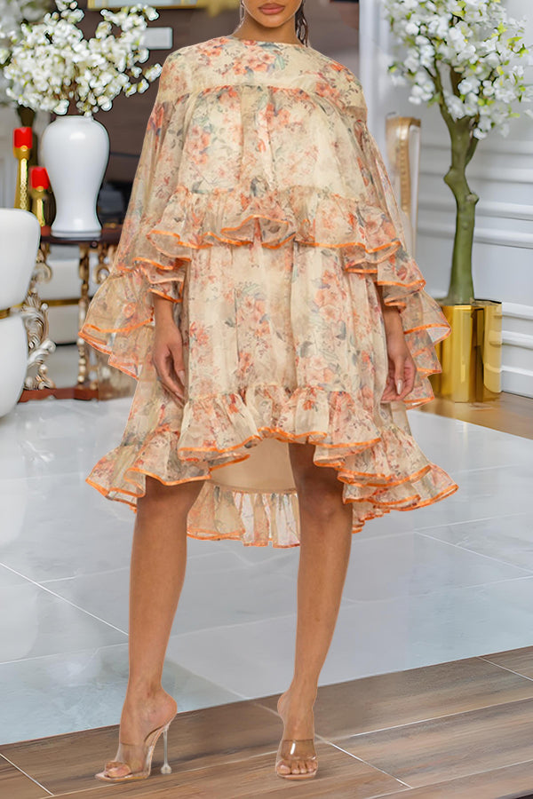 Vacation Botanical Print Ruffle Layered Midi Dress