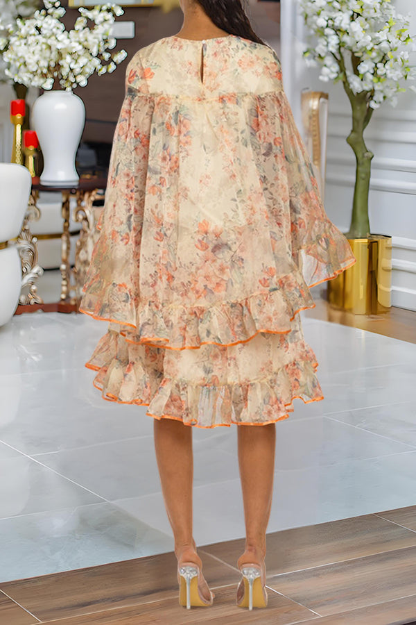 Vacation Botanical Print Ruffle Layered Midi Dress
