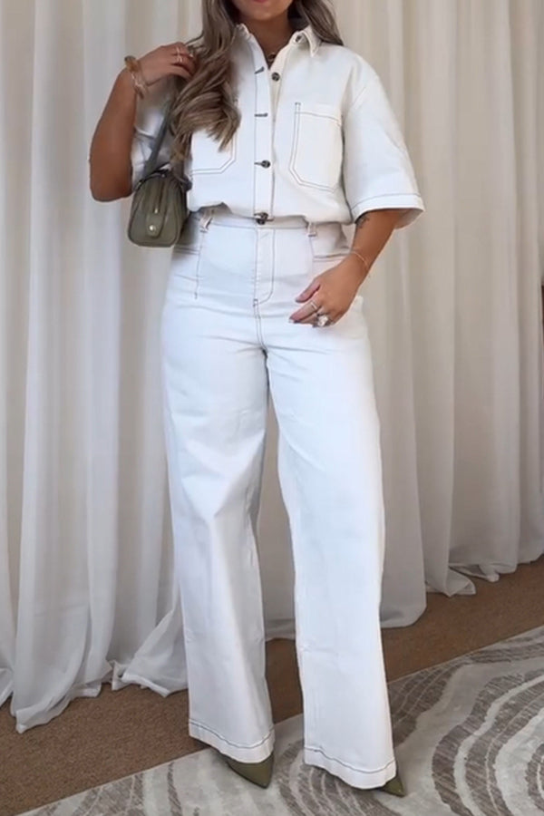 Casual Single Breasted Top & Wide Leg Pants Set
