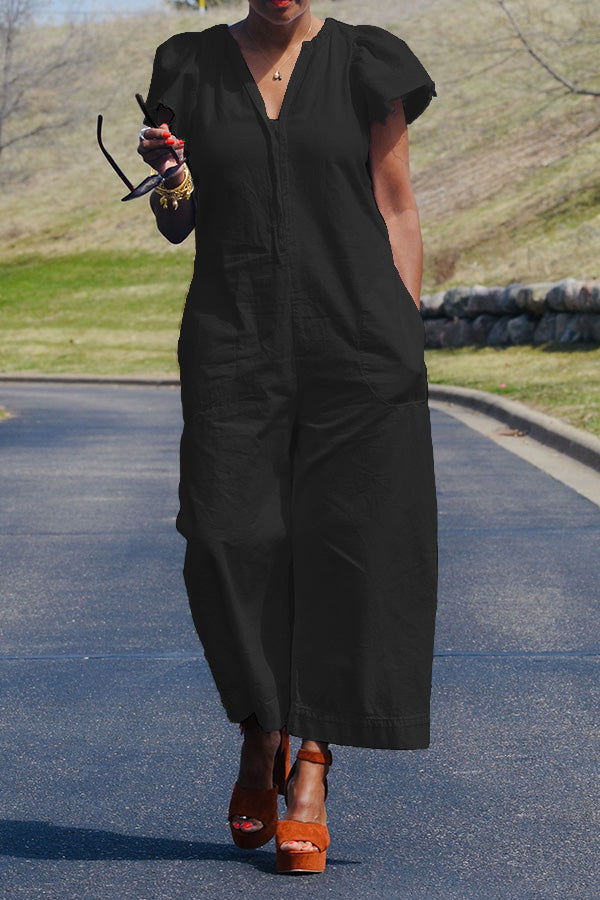 V Neck Dual Pocket Wide Leg Jumpsuit