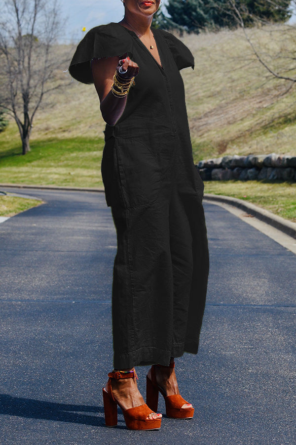 V Neck Dual Pocket Wide Leg Jumpsuit