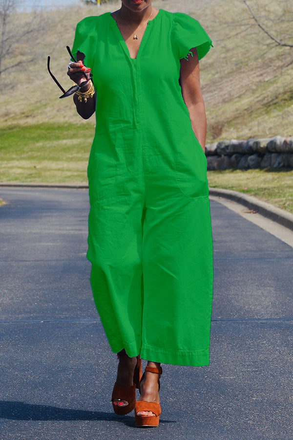 V Neck Dual Pocket Wide Leg Jumpsuit