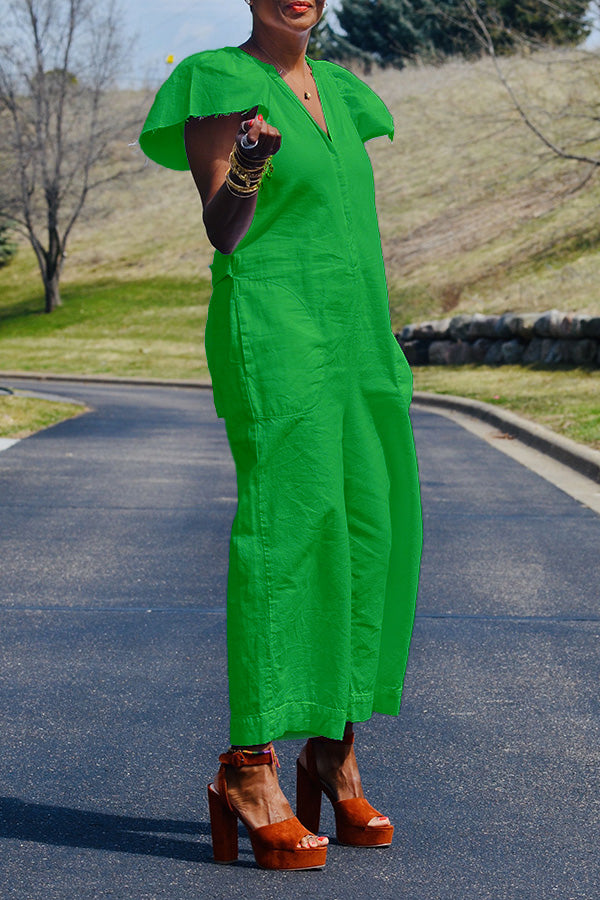 V Neck Dual Pocket Wide Leg Jumpsuit