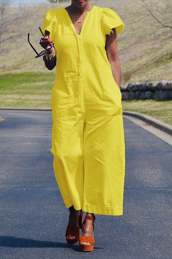 V Neck Dual Pocket Wide Leg Jumpsuit