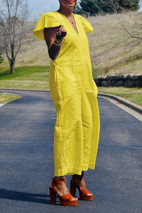 V Neck Dual Pocket Wide Leg Jumpsuit