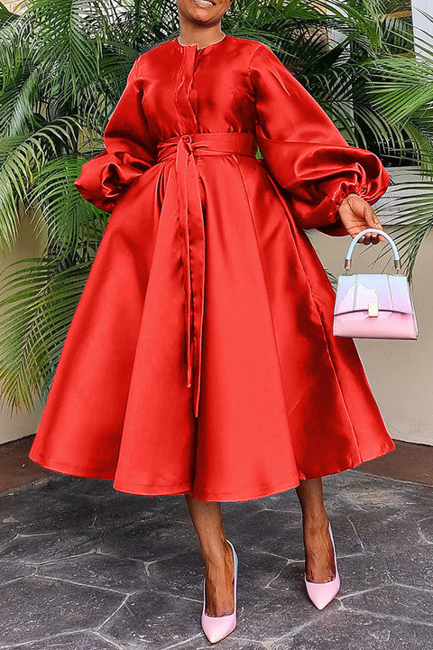 Luxury Balloon Sleeve Belted A-line Dress