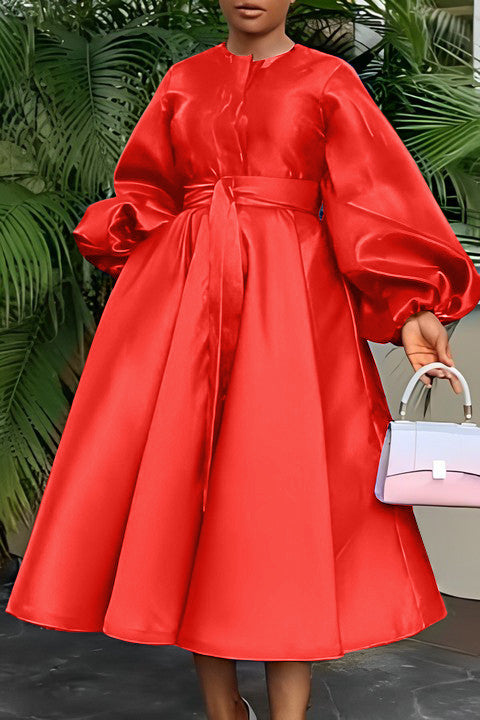 Luxury Balloon Sleeve Belted A-line Dress