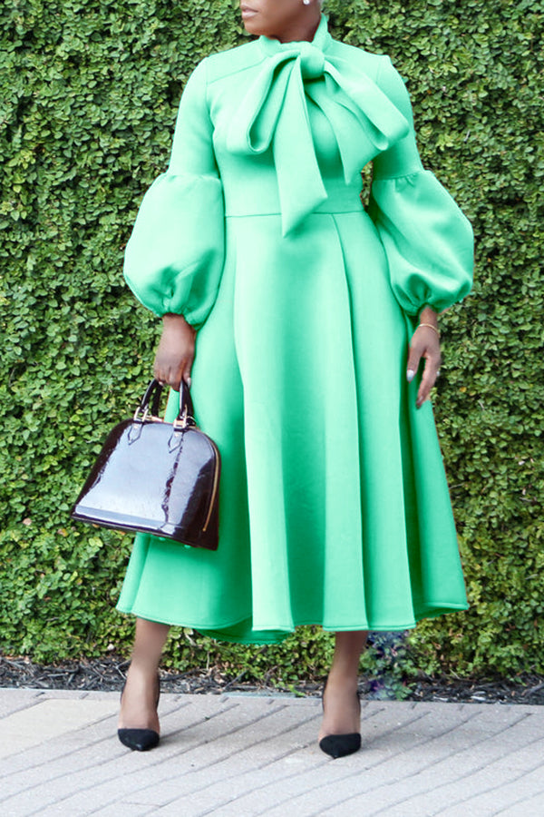 Elegant Bow Tie Lantern Sleeve Midi Dress