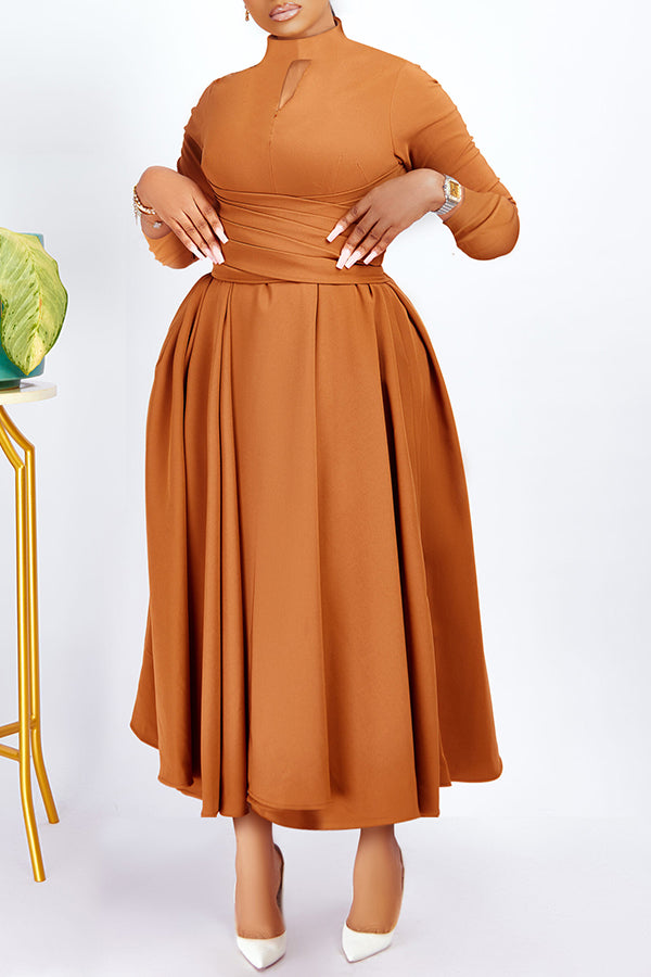 Elegant Mock Neck Belted Flare Dress