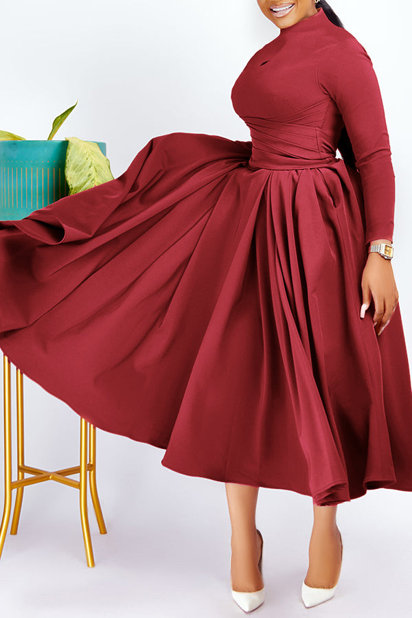 Elegant Mock Neck Belted Flare Dress