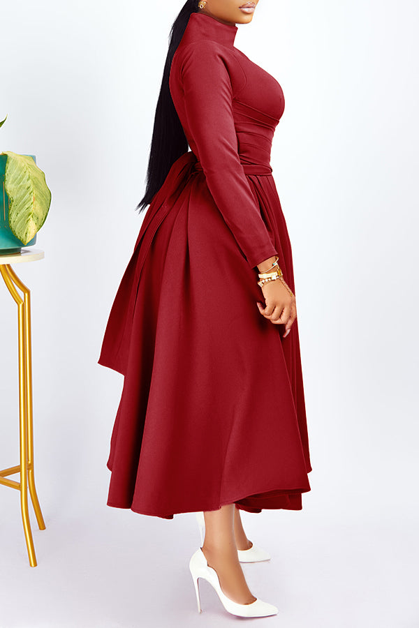 Elegant Mock Neck Belted Flare Dress