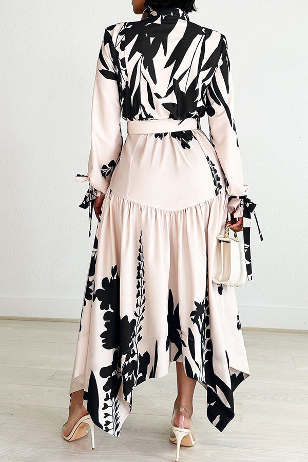 Floral Print Asymmetrical Hem Dress With Belt