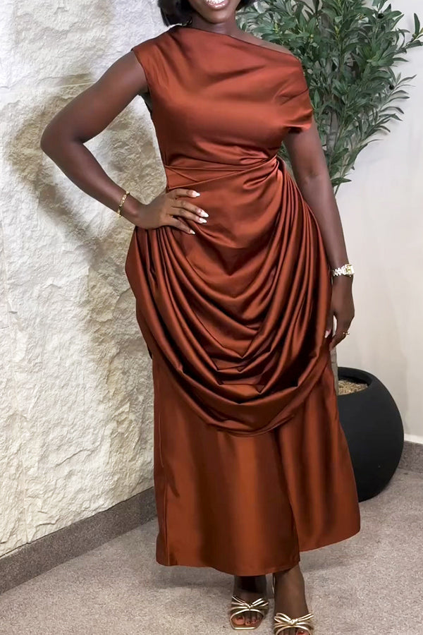 Stylish Oblique Neck Ruched Satin Dress