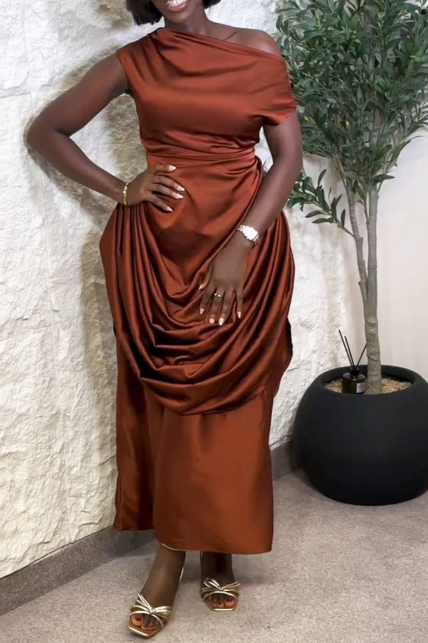 Stylish Oblique Neck Ruched Satin Dress