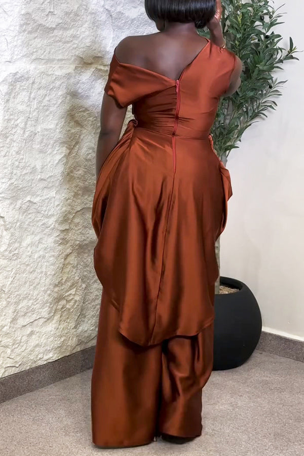 Stylish Oblique Neck Ruched Satin Dress