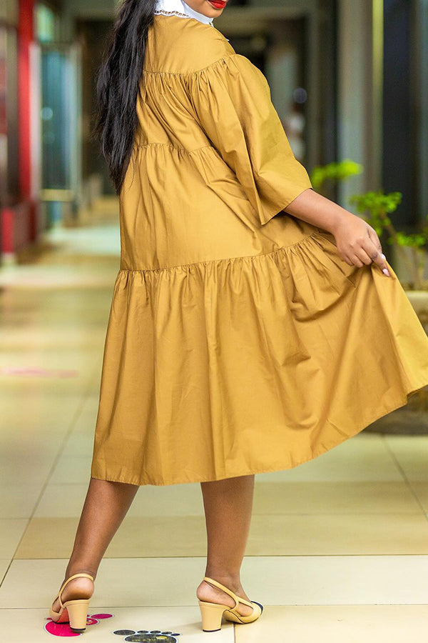 Stylish Shirt Collar Ruffle Hem Dress