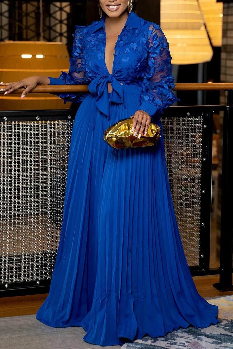 Chic Lace Lantern Sleeve Blouse & Pleated Skirt Set
