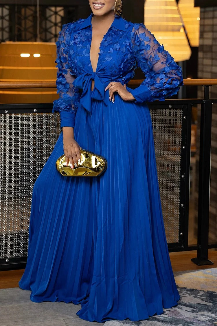 Chic Lace Lantern Sleeve Blouse & Pleated Skirt Set