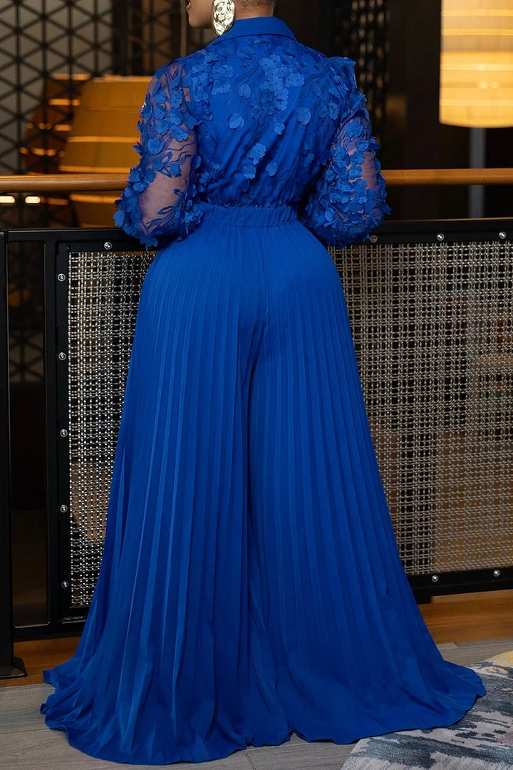 Chic Lace Lantern Sleeve Blouse & Pleated Skirt Set