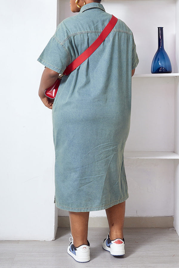 Casual Denim Button Double Pocket Shirt Dress