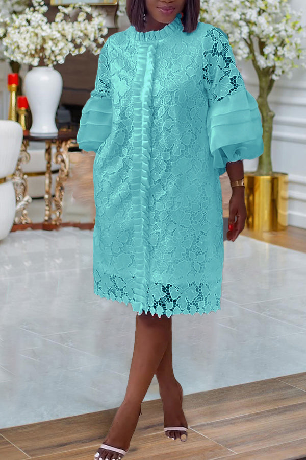 Classic Layered Ruffle Lantern Sleeves Lace Dress