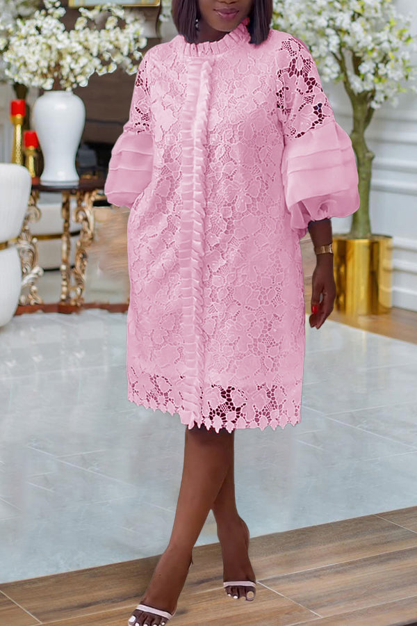 Classic Layered Ruffle Lantern Sleeves Lace Dress