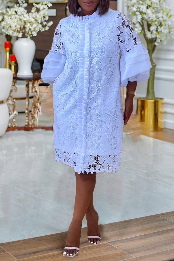 Classic Layered Ruffle Lantern Sleeves Lace Dress