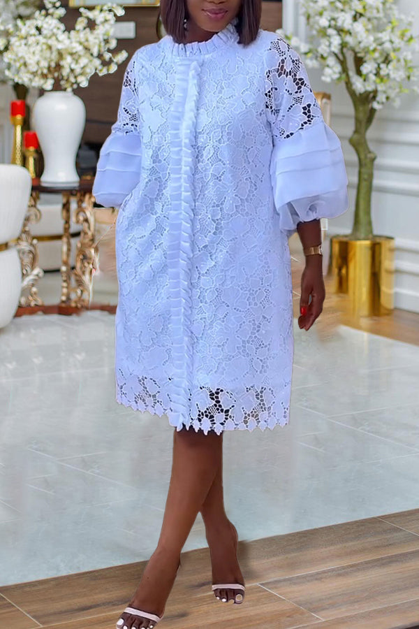 Classic Layered Ruffle Lantern Sleeves Lace Dress
