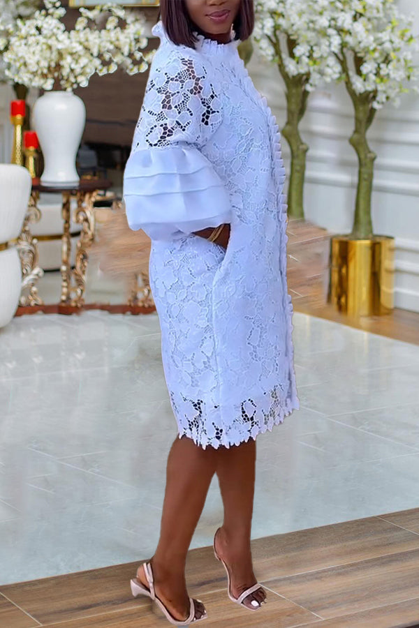 Classic Layered Ruffle Lantern Sleeves Lace Dress