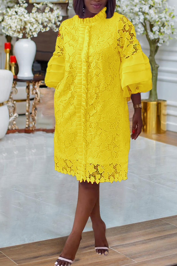 Classic Layered Ruffle Lantern Sleeves Lace Dress