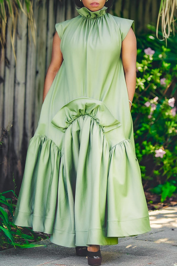 Ruched Neck Ruffled Patchwork Hem Dress