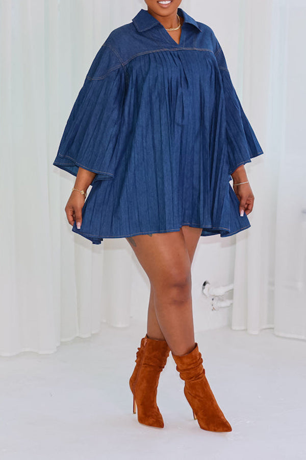 Stylish Pleated Denim Mini Dress