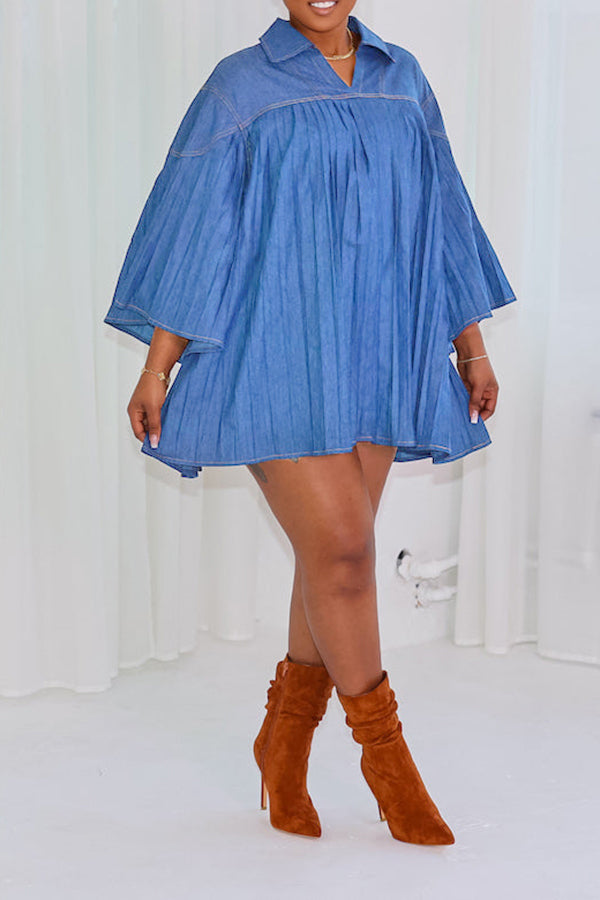 Stylish Pleated Denim Mini Dress