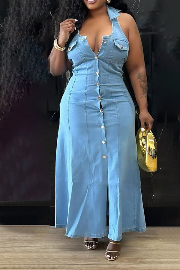 Stylish Halter Snap Button Denim Dress
