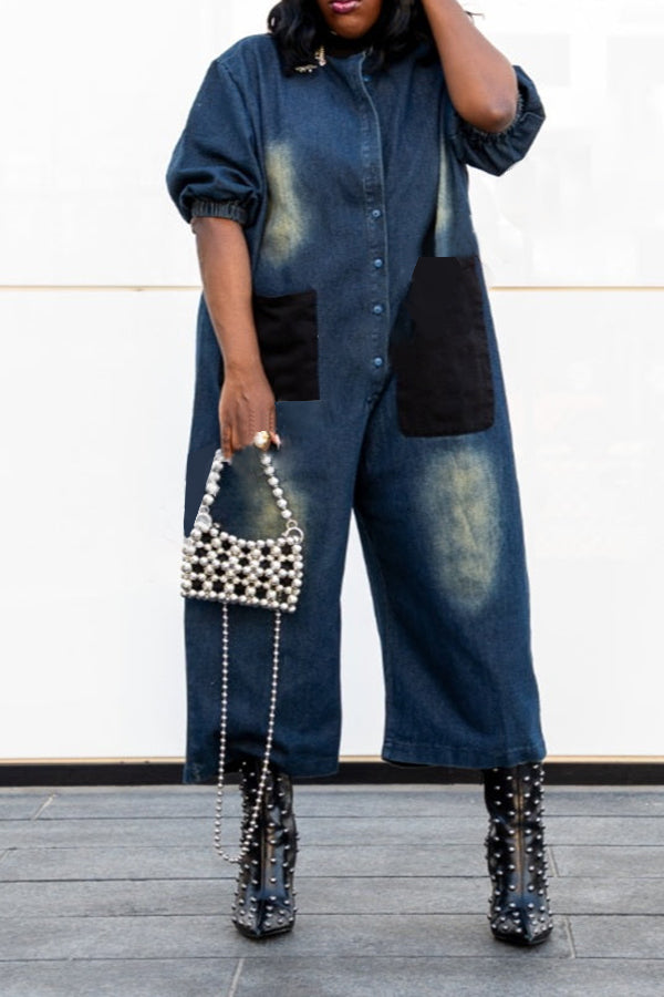 Stylish Patch Pockets Denim Oversized Jumpsuit