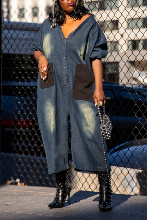 Stylish Patch Pockets Denim Oversized Jumpsuit