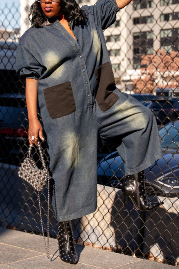 Stylish Patch Pockets Denim Oversized Jumpsuit