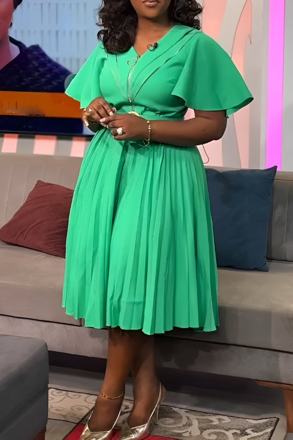 Chic V-Neck Flutter Sleeve Pleated Dress
