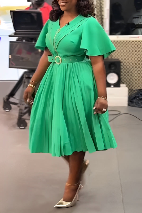 Chic V-Neck Flutter Sleeve Pleated Dress