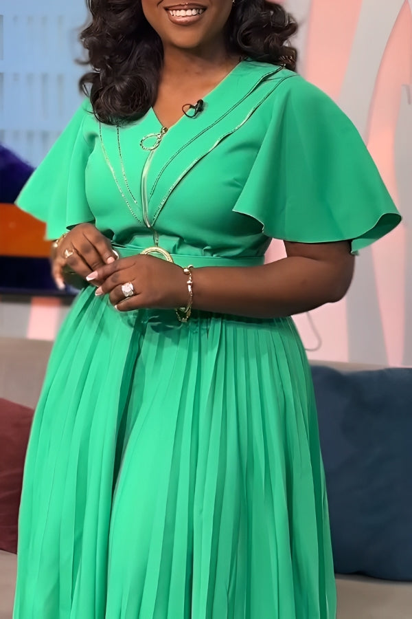 Chic V-Neck Flutter Sleeve Pleated Dress